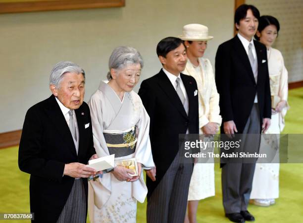 Emperor Akihito, Empress Michiko, Crown Prince Naruhito, Crown Princess Masako, Prince Akishino and Princess Kiko of Akishino attend the tea party...