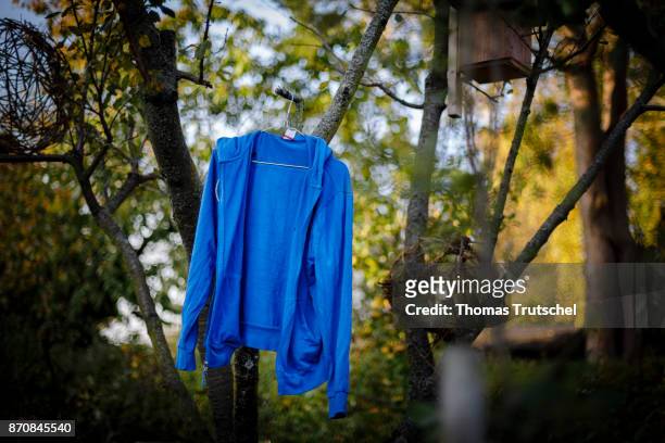 Berlin, Germany A blue jacket hangs on a tree for air drying on October 17, 2017 in Berlin, Germany.
