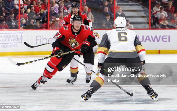 Jack Rodewald of the Ottawa Senators skates against Colin Miller of the Vegas Golden Knights at Canadian Tire Centre on November 4, 2017 in Ottawa,...