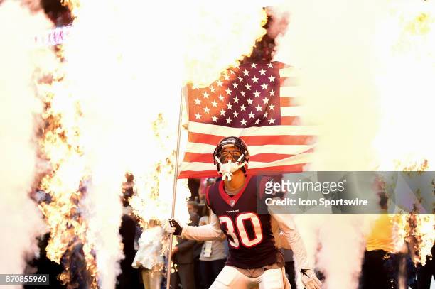 Houston Texans cornerback Kevin Johnson is introduced before the football game between the Indianapolis Colts and the Houston Texans on November 5,...