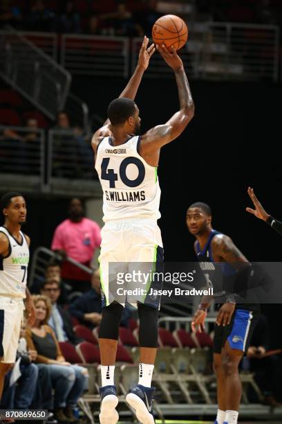 Shawne Williams of the Iowa Wolves shoots a jump-shot against the Lakeland Magic in an NBA G-League game on November 4, 2017 at the Wells Fargo Arena...