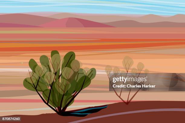 desert, cactus brush, mountains in distance landscape illustration - charles harker ストック�フォトと画像