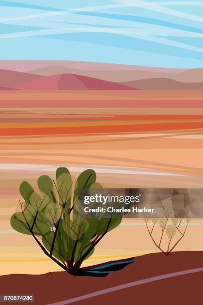 desert, cactus brush, mountains in distance landscape illustration - charles harker ストックフォトと画像