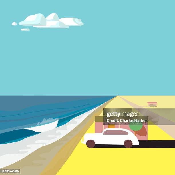 ocean beach house with old car where desert meets the sea - charles harker stockfoto's en -beelden