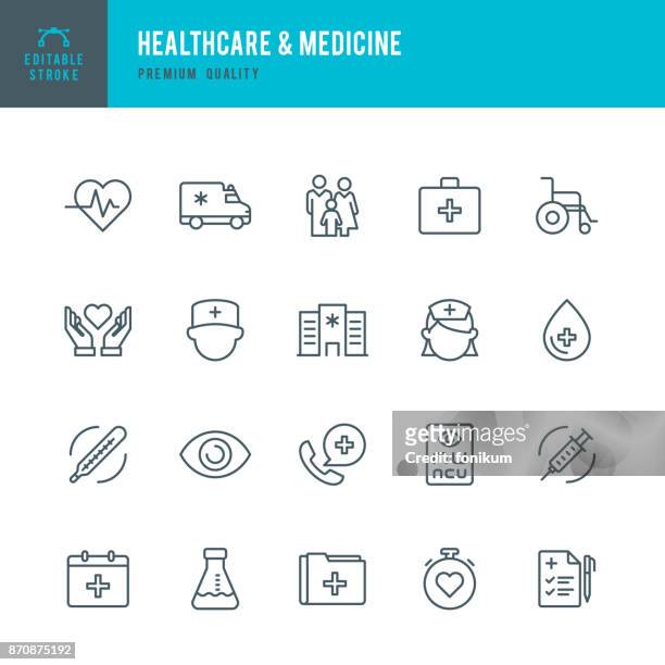 stockillustraties, clipart, cartoons en iconen met gezondheidszorg & geneeskunde - dunne lijn vector icons set - gezondheidszorg en medicijnen
