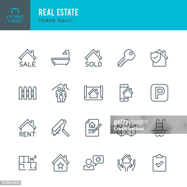 illustrazioni stock, clip art, cartoni animati e icone di tendenza di real estate - set di icone vettoriali a linea sottile - parcheggiare