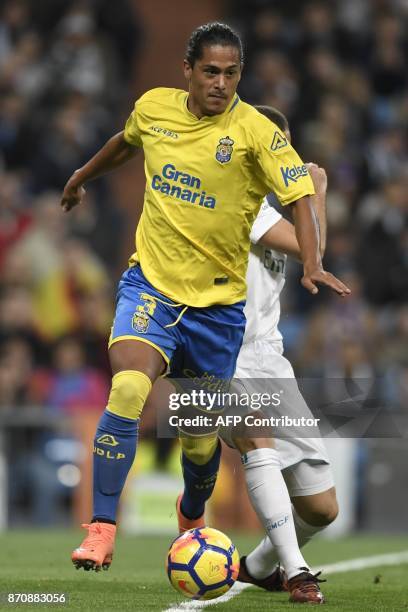 Las Palmas' Uruguayan defender Mauricio Lemos controls the ball during the Spanish league football match Real Madrid CF vs UD Las Palmas at the...