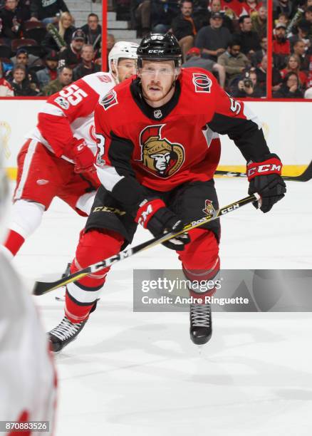 Jack Rodewald of the Ottawa Senators skates against the Detroit Red Wings at Canadian Tire Centre on November 2, 2017 in Ottawa, Ontario, Canada.