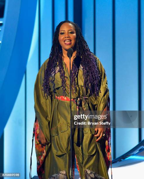 Singer Lalah Hathaway speaks during the 2017 Soul Train Music Awards at the Orleans Arena on November 5, 2017 in Las Vegas, Nevada.