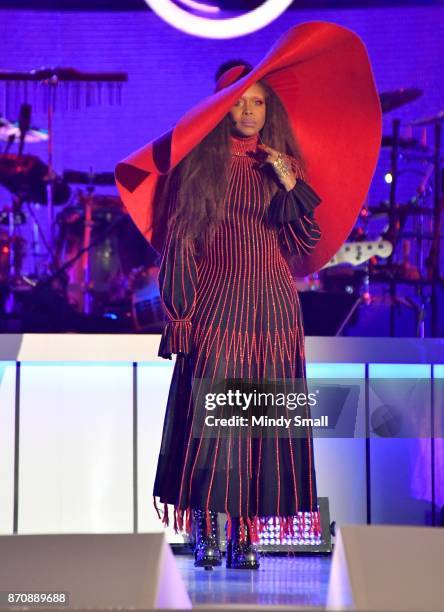 Host Erykah Badu speaks onstage during the 2017 Soul Train Music Awards at the Orleans Arena on November 5, 2017 in Las Vegas, Nevada.
