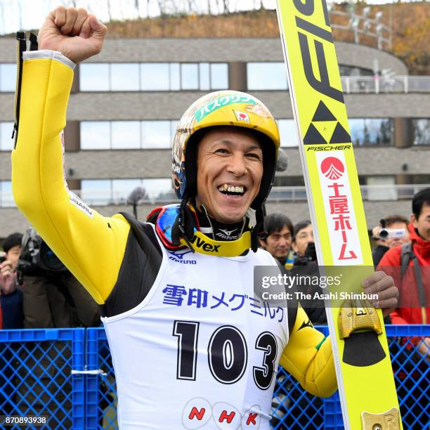 Noriaki Kasai celebrates winning the men's event during the 96th All Japan Ski Championships Ski Jumping at Okurayama Jump Stadium on November 5,...