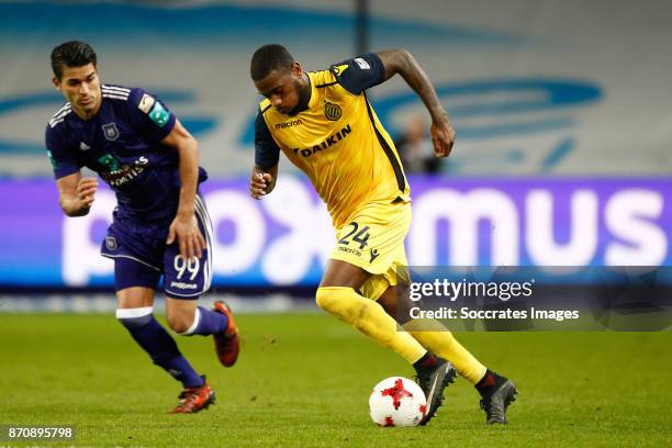 Hamdi Harbaoui of RSC Anderlecht, Stefano Denswil of Club Brugge during the Belgium Pro League match between Anderlecht v Club Brugge at the Constant...