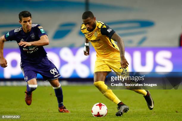 Hamdi Harbaoui of RSC Anderlecht, Stefano Denswil of Club Brugge during the Belgium Pro League match between Anderlecht v Club Brugge at the Constant...