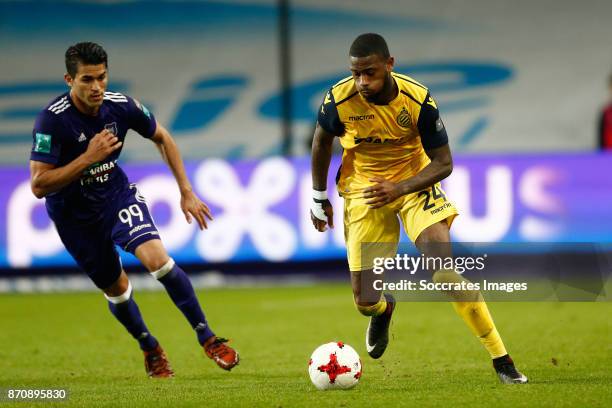 Hamdi Harbaoui of RSC Anderlecht, Stefano Denswil of Club Brugge during the Belgium Pro League match between Anderlecht v Club Brugge at the Constant...