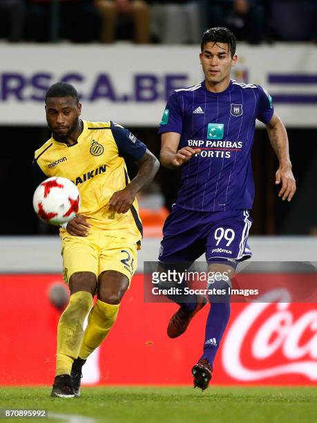 Stefano Denswil of Club Brugge, Hamdi Harbaoui of RSC Anderlecht during the Belgium Pro League match between Anderlecht v Club Brugge at the Constant...