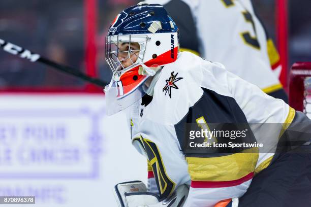 Vegas Golden Knights Goalie Dylan Ferguson participates in drills during warm-up before National Hockey League action between the Vegas Golden...