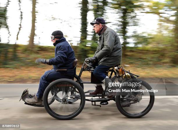 An 1899 Quadricycle takes part in the annual London to Brighton Veteran Car Run on November 5, 2017 in Staplefield, England. Over 400 pre-1905...
