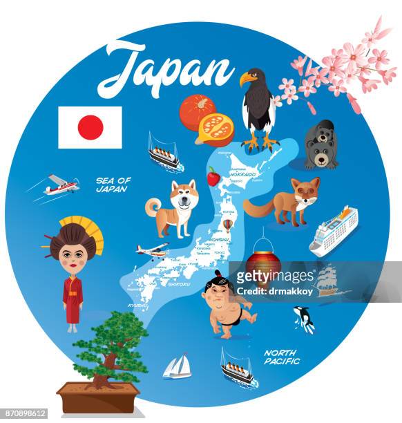 stockillustraties, clipart, cartoons en iconen met cartoon kaart van japan - hokkaido