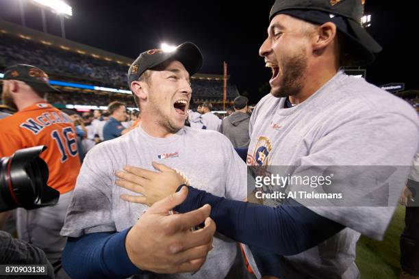 World Series: Houston Astros Alex Bregman victorious with George Springer after winning game and series vs Los Angeles Dodgers at Dodger Stadium....