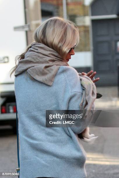 Kate Moss seen in Soho with a new Chihuahua puppy on November 6, 2017 in London, England.