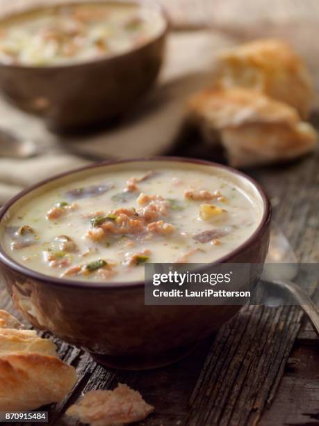 creamy italian sausage and potato soup - chowder stock pictures, royalty-free photos & images