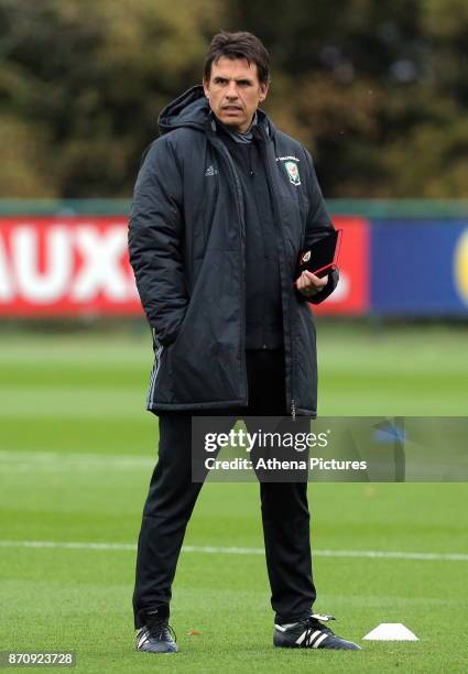 Manager Chris Coleman watches his players train during the Wales Training Session at The Vale Resort on November 06, 2017 in Cardiff, Wales.