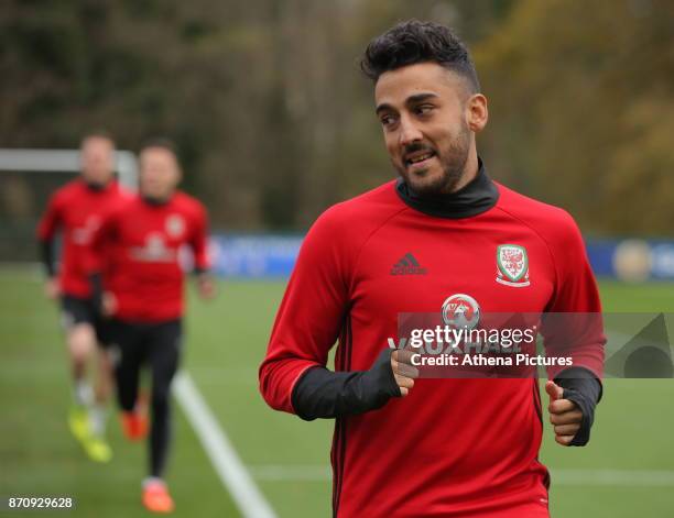 Neil Taylor in action during the Wales Training Session at The Vale Resort on November 06, 2017 in Cardiff, Wales.