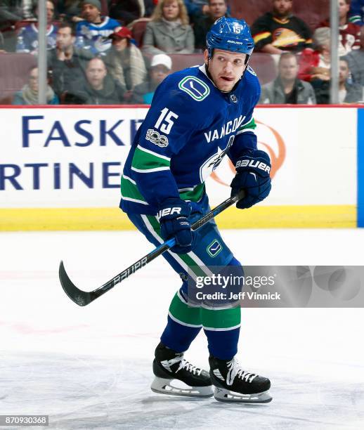 Derek Dorsett of the Vancouver Canucks skates up ice during their NHL game against the New Jersey Devils at Rogers Arena November 1, 2017 in...