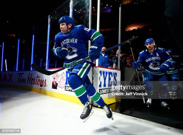 Derek Dorsett of the Vancouver Canucks steps onto the ice during their NHL game against the New Jersey Devils at Rogers Arena November 1, 2017 in...