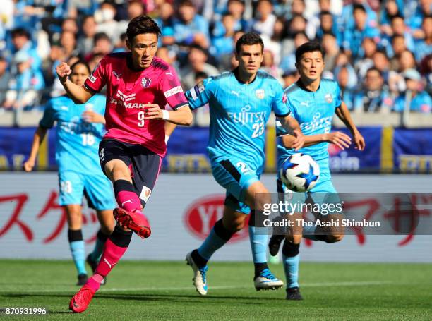 Kenyu Sugimoto of Cerezo Osaka scores the opening goal during the J.League Levain Cup final between Cerezo Osaka and Kawasaki Frontale at Saitama...