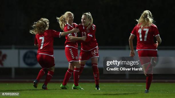 Sofie Hornemann of Denmark celebrate after her first goal during the U16 Girls international friendly match betwwen Denmark and Germany at the Skive...