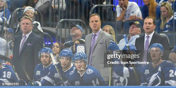 Tampa Bay Lightning Head Coach John Cooper, Tampa Bay Lightning Associate Coach Rick Bowness and Tampa Bay Lightning Associate Coach Todd Richards...