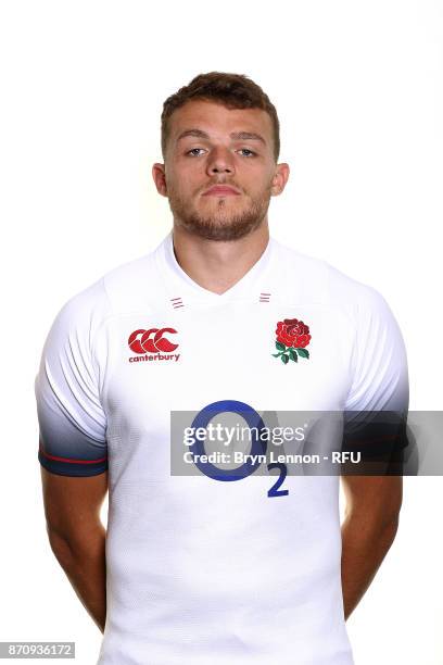 Zach Mercer of England poses for a portrait during the England Elite Player Squad Photo call at Pennyhill Park on November 6, 2017 in Bagshot,...