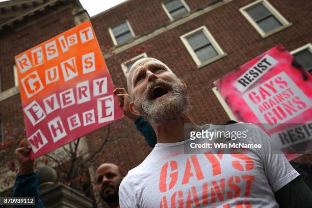 Protesters from the group Gays Against Guns hold a gun law reform demonstration outside the Hart Senate Office Building November 6, 2017 in...