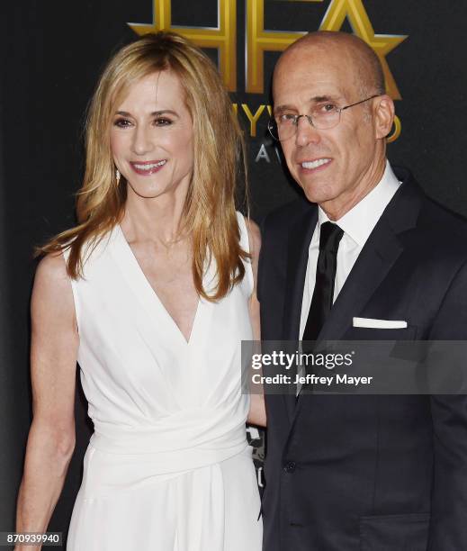 Actor Holly Hunter and producer Jeffrey Katzenberg attend the 21st Annual Hollywood Film Awards at The Beverly Hilton Hotel on November 5, 2017 in...