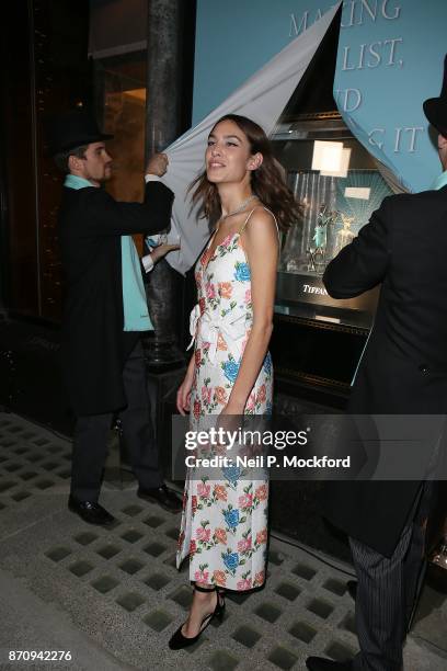 Alexa Chung sparkles in Tiffany jewels outside the Tiffany & Co. Old Bond Street Store as she unveils the 2017 Tiffany Christmas windows on November...