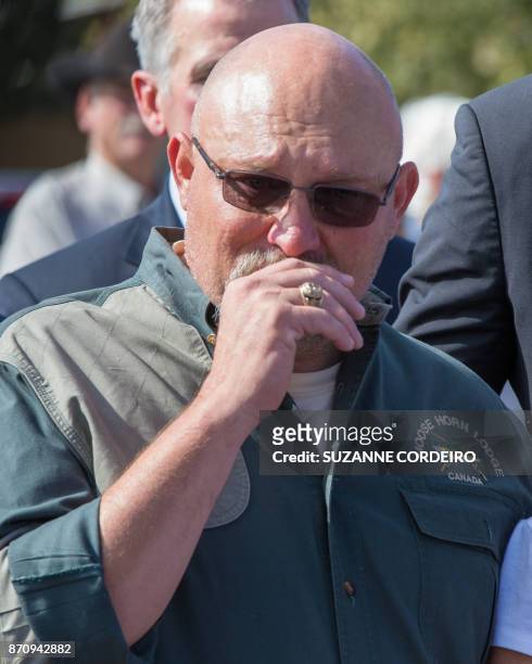 Pastor Frank Pomeroy reacts during a press conference on November 6, 2017 at the First Baptist Church in Sutherland Springs, Texas following a mass...