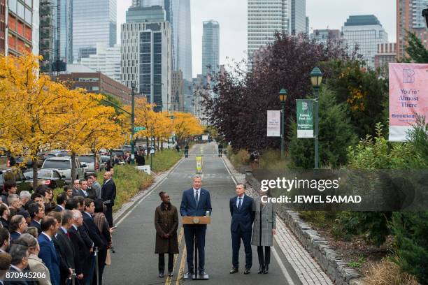 New York City Mayor Bill de Blasio speaks as his wife Chirlane McCray , Argentina's Presidnet Mauricio Macri and Frist Lady Juliana Awada listen...