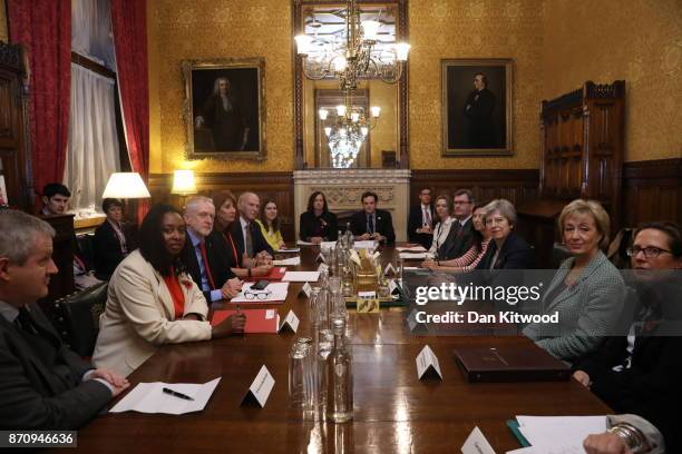 Labour Party Leader Jeremy Corbyn and British Prime Minister Theresa May discuss sexual abuse claims with Westminster party leaders at the Prime...