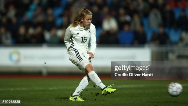 Samantha Kuehne of Germany scores her first goal during the U16 Girls international friendly match betwwen Denmark and Germany at the Skive Stadion...