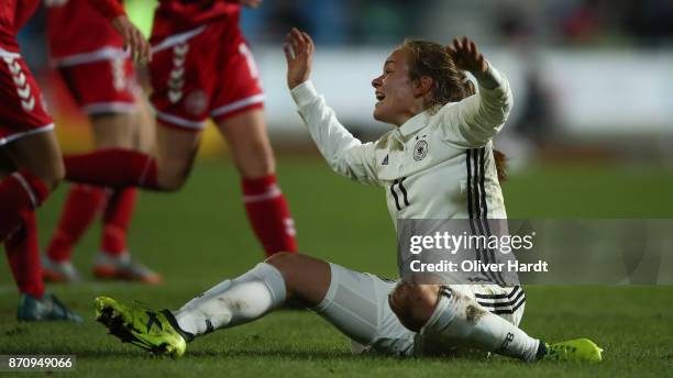 Luca von Achten of Germany gesticulated during the U16 Girls international friendly match betwwen Denmark and Germany at the Skive Stadion on...