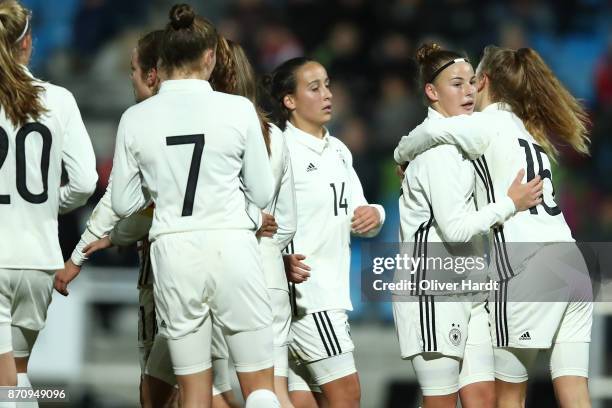 Samantha Kuehne of Germany celebrate after her first goal with Emilie Bernhardt during the U16 Girls international friendly match betwwen Denmark and...