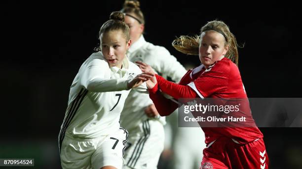 Nicole Woldmann of Germany and Lea Bjerregrav of Denmark compete for the ball during the U16 Girls international friendly match betwwen Denmark and...