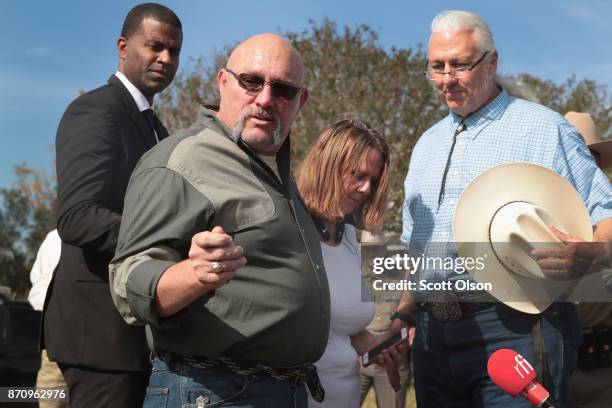 Pastor Frank Pomeroy and his wife Sherri speak to the media near their First Baptist Church of Sutherland Springs on November 6, 2017 in Sutherland...