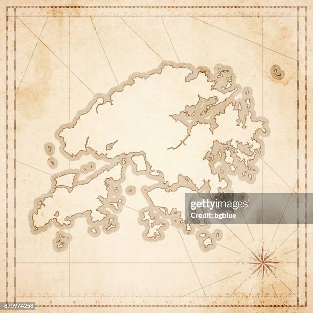 hong kong map in retro vintage style - old textured paper - chinese border frame stock illustrations