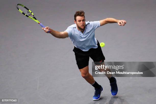 Jack Sock of the USA returns a forehand against Filip Krajinovic of Serbia during the Mens Final on day 7 of the Rolex Paris Masters held at the...