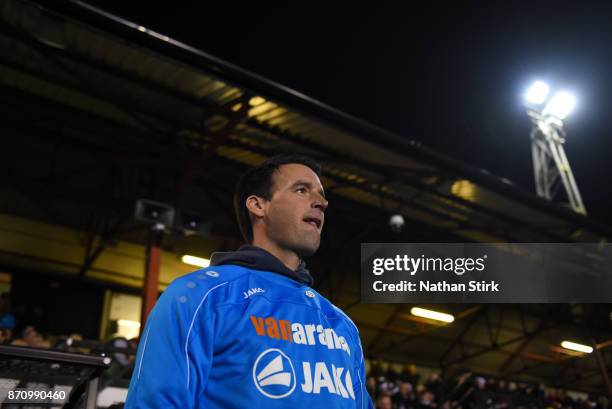 Matt Jansen, manager of Chorley looks on during The Emirates FA Cup First Round match between Chorley and Fleetwood Town at Victory Park on November...