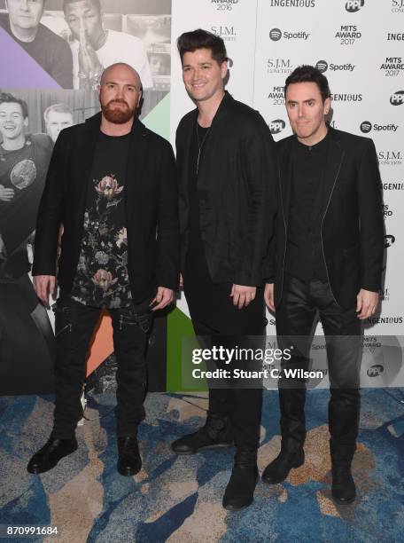 Mark Sheehan, Danny O'Donoghue and Glen Power of 'The Script' attend the 26th annual Music Industry Trust Awards held at The Grosvenor House Hotel on...