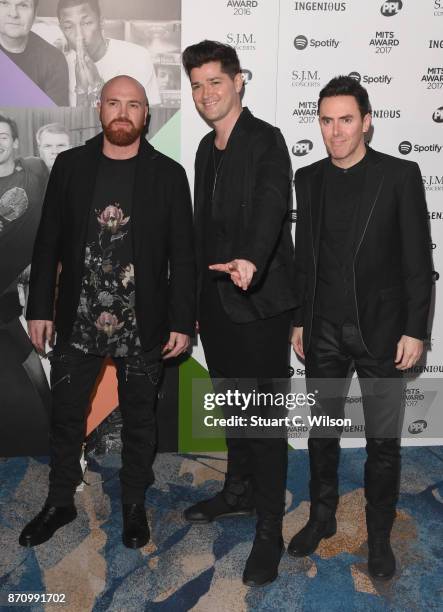 Mark Sheehan, Danny O'Donoghue and Glen Power of 'The Script' attend the 26th annual Music Industry Trust Awards held at The Grosvenor House Hotel on...