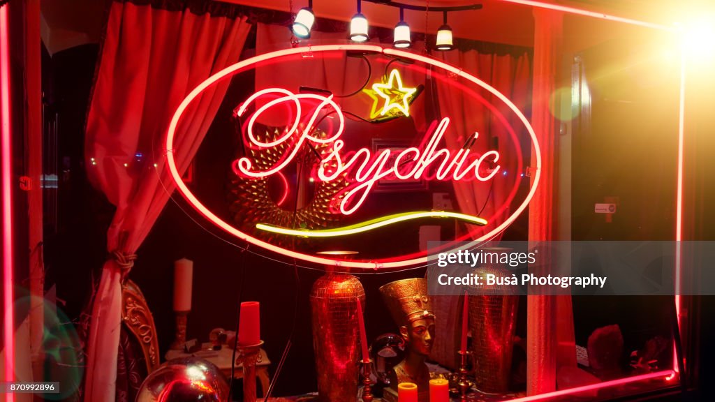 Store window of a psychic parlor in the East Village, Manhattan, New York City